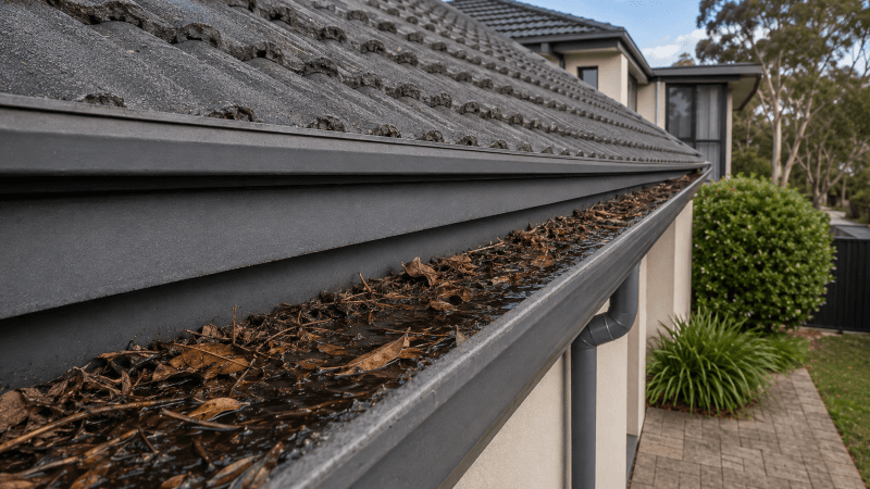 Gutter packed with wet leaves and debris before cleaning